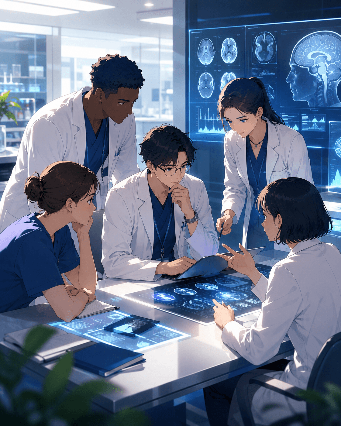 Medical education and research team reviewing AI-supported clinical learning visuals